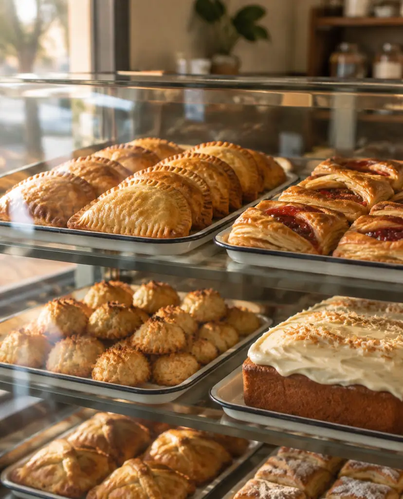 The glass case full of pastelitos and guava pastries