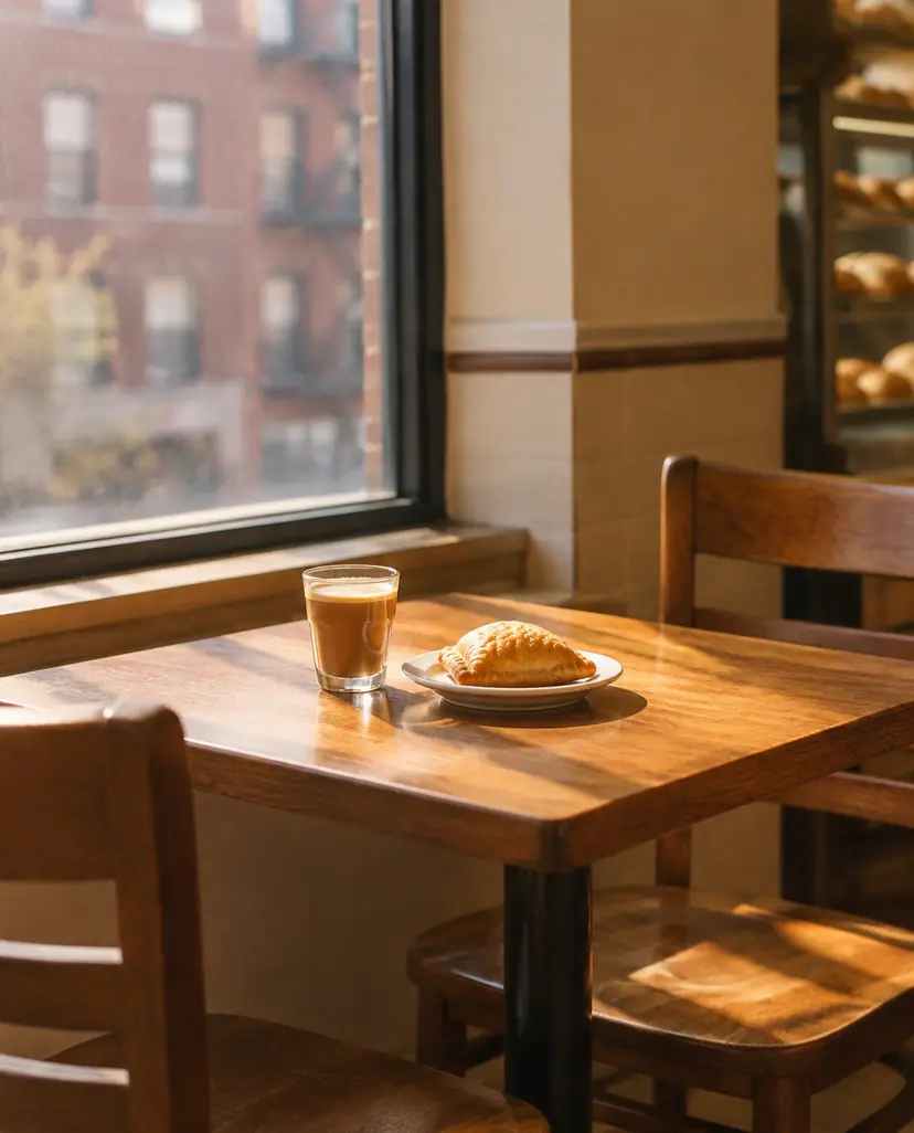 The corner table by the window with a cafecito and a pastelito