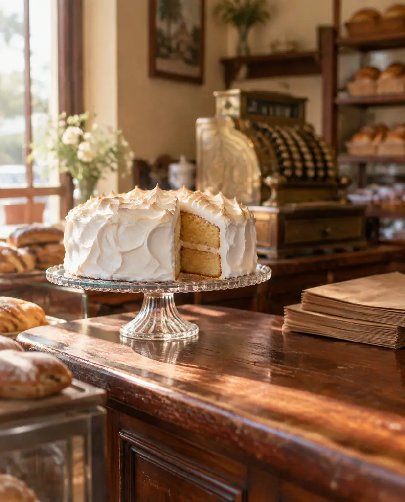 The mahogany counter with a frosted bizcocho and the brass register