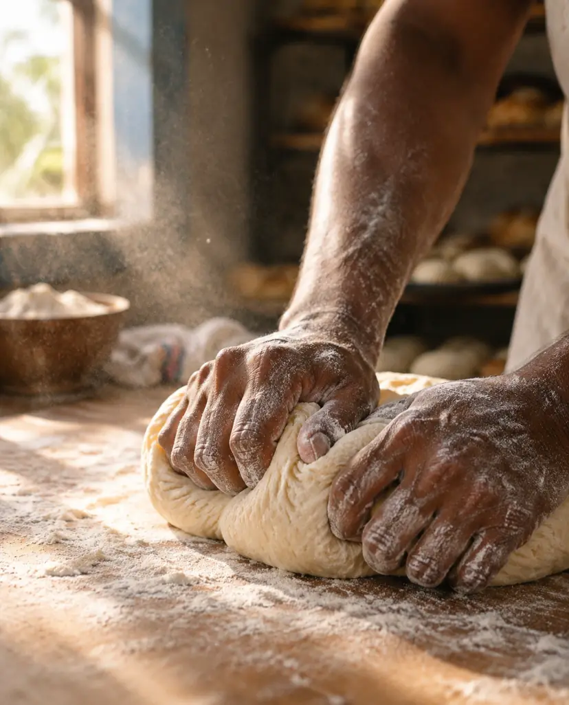 Hands kneading dough on a floured table