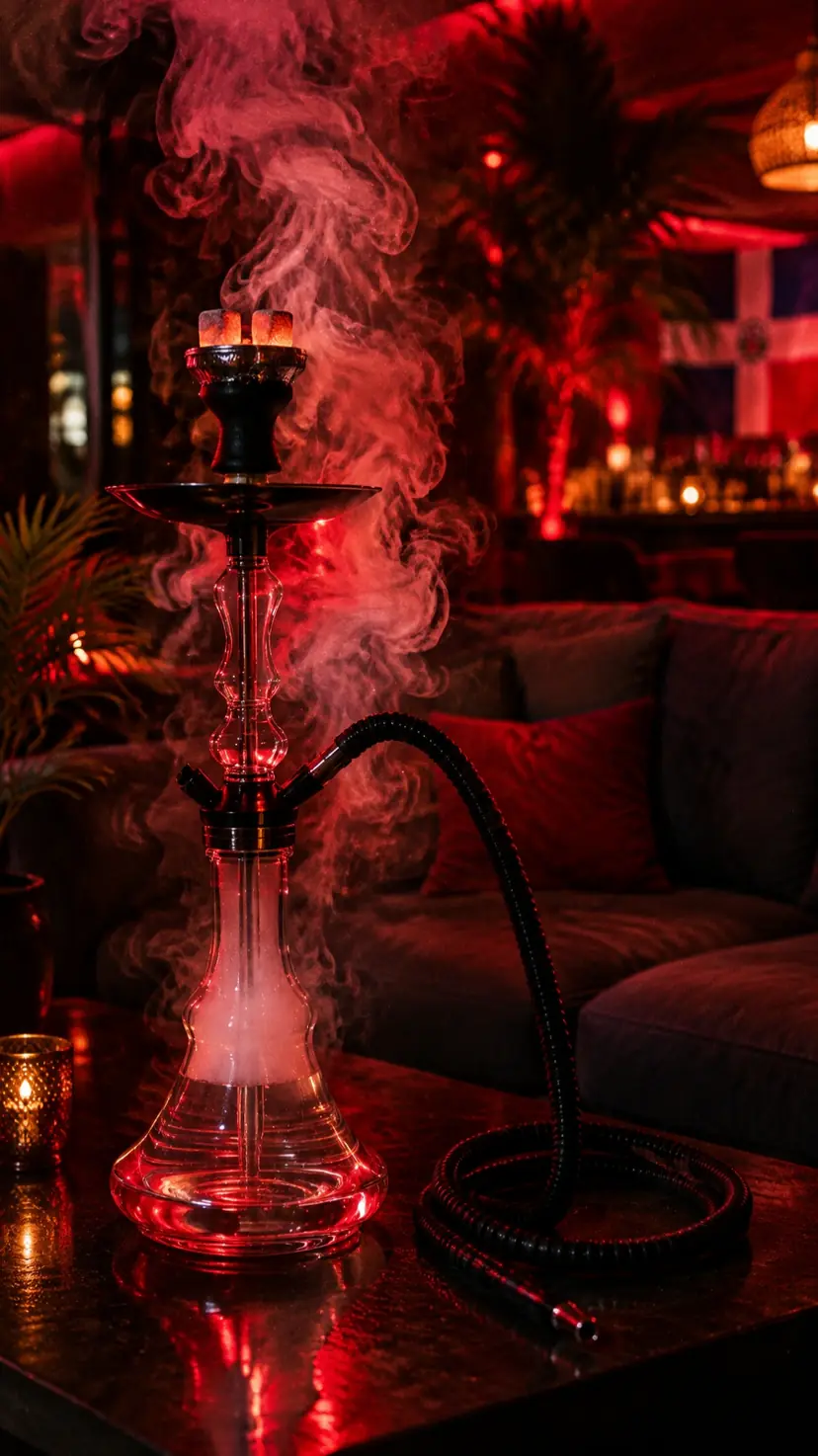 A glass hookah on a low table, smoke rising through red light