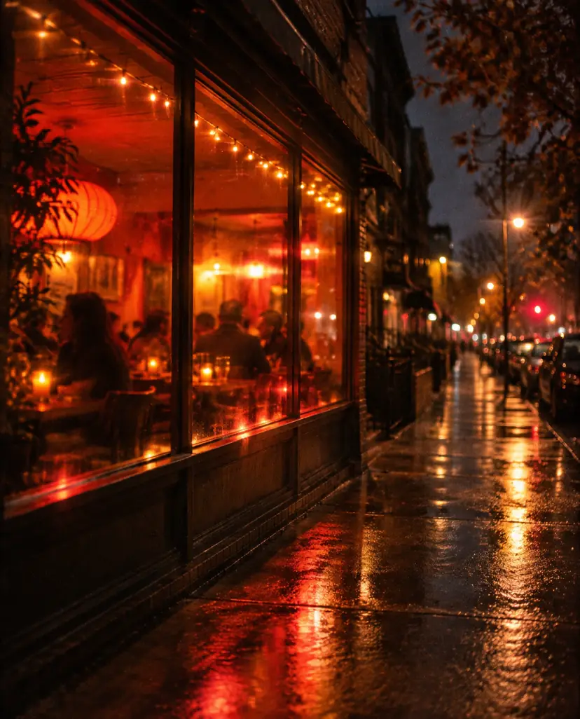 La vitrina iluminada desde la acera de Ditmars