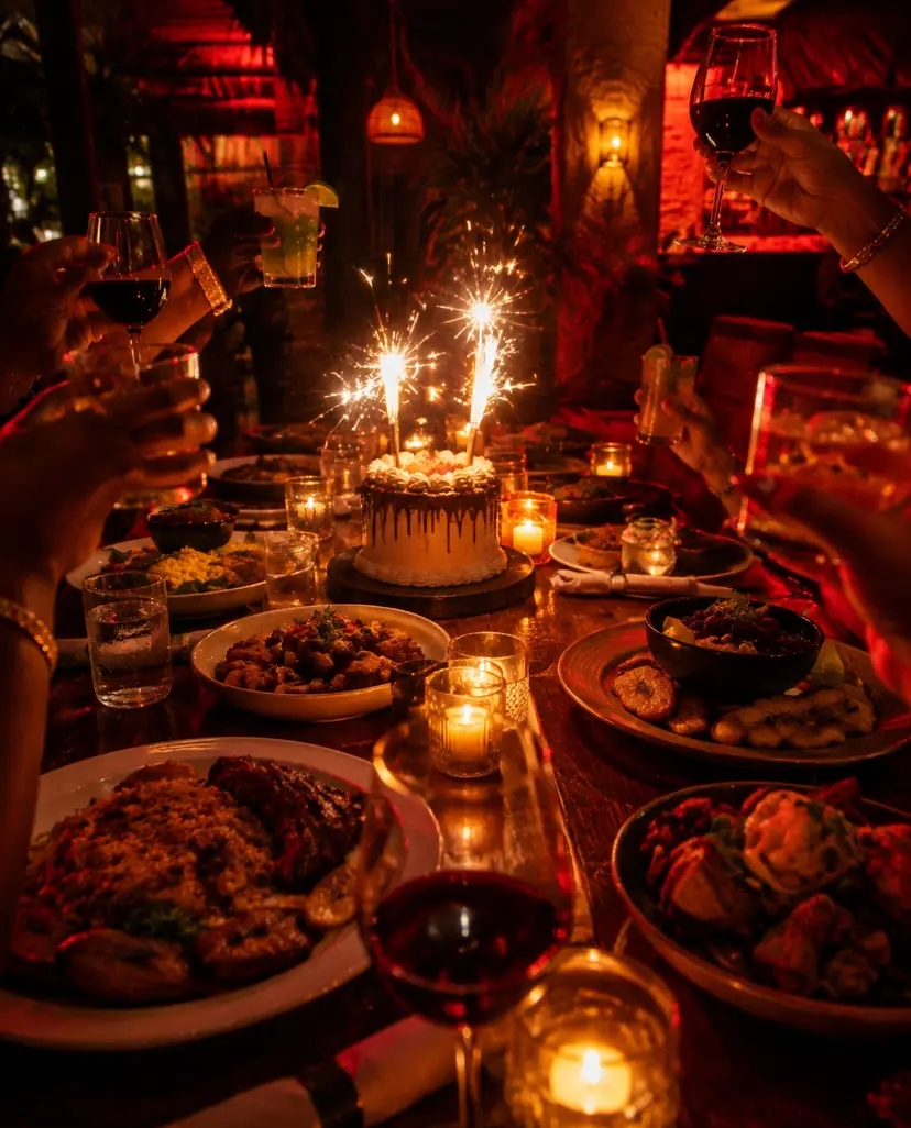 Una mesa para diez con bizcocho y bengalas